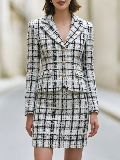 Black White Plaid Textured Tweed Blazer And Mini Skirt Two Piece Set