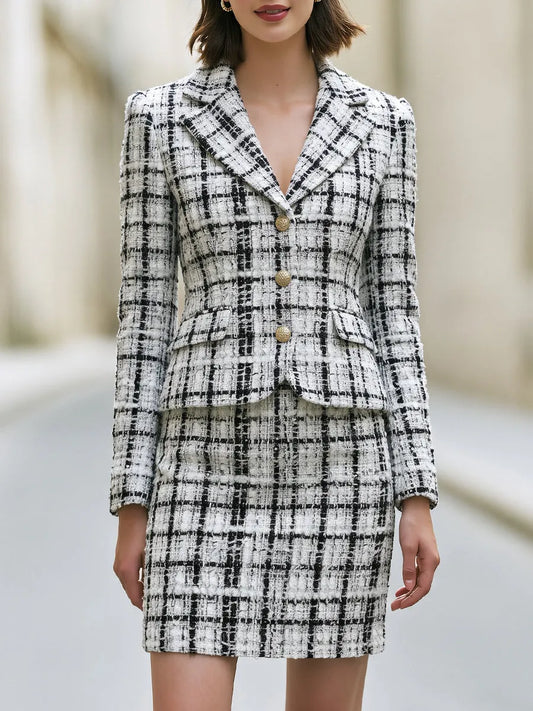 Black White Plaid Textured Tweed Blazer And Mini Skirt Two Piece Set