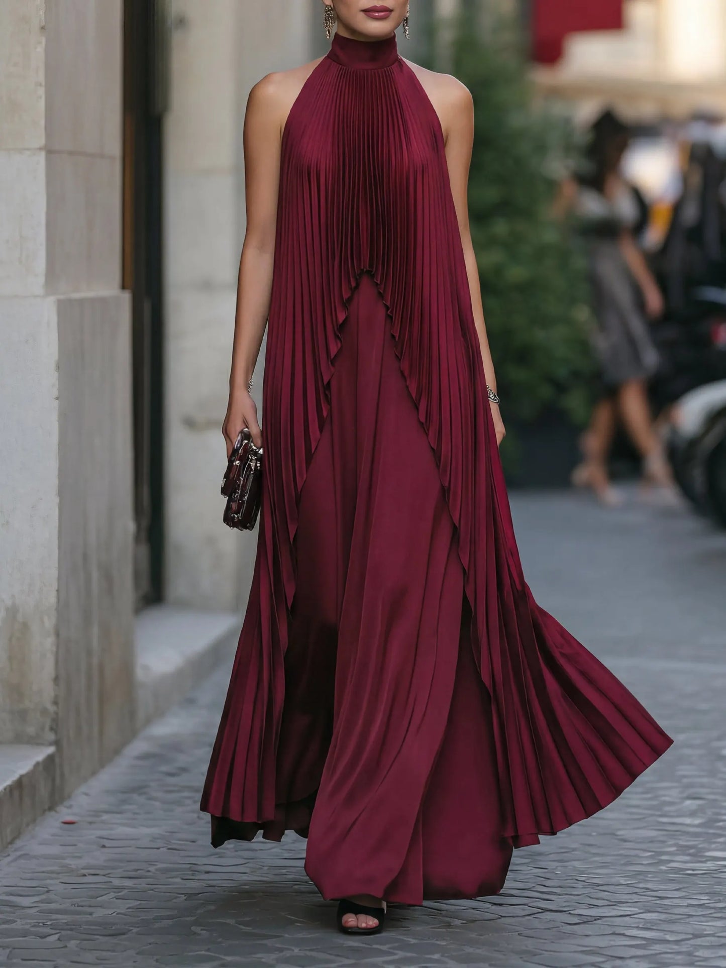 Halter Mock Neck Pleated Overlay Maxi Dress