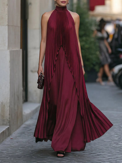 Halter Mock Neck Pleated Overlay Maxi Dress