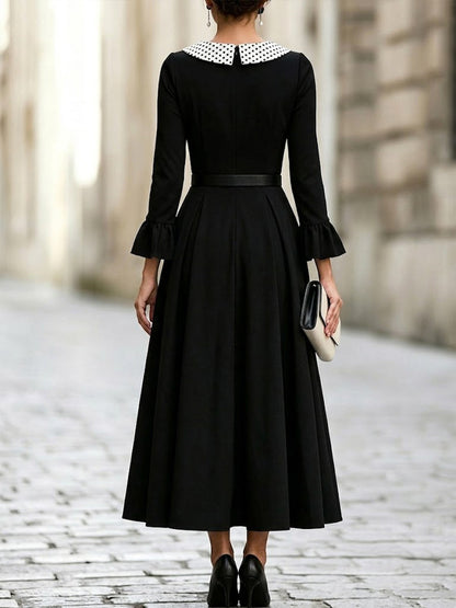 Elegant Polka Dot Collar A-Line Midi Dress