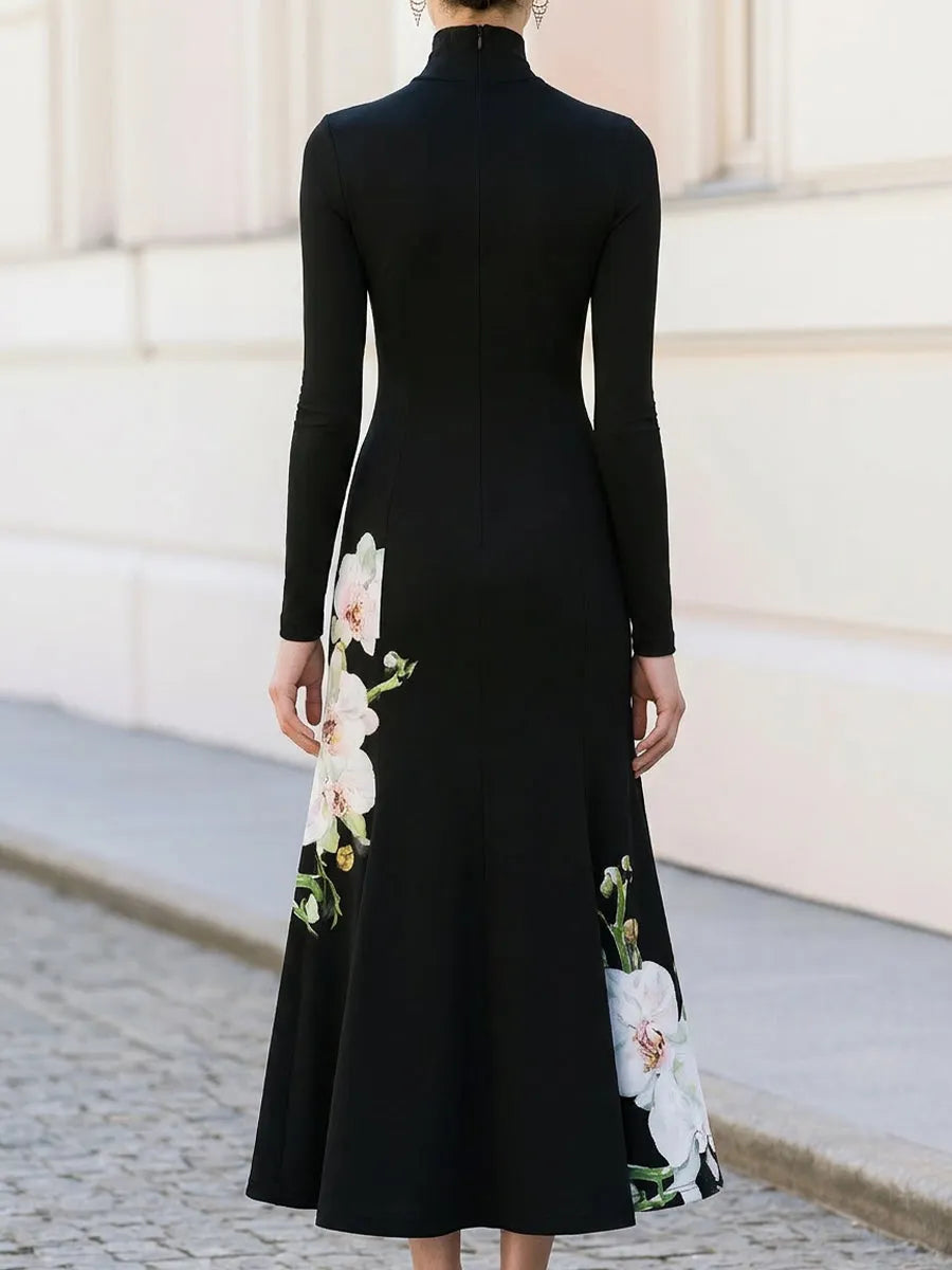 High Neck Long Sleeve Watercolor Orchid Print Flared Maxi Knit Dress