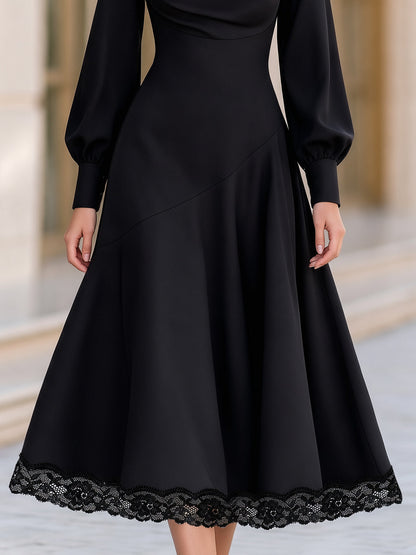 Draped Cowl Neck Lace Hem A-Line Midi Dress