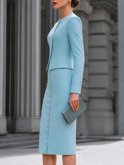 Minimalist Tailored Blazer And Button Front Pencil Skirt Set