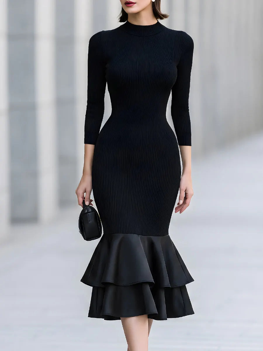 Ribbed Knit Tiered Ruffle Midi Dress