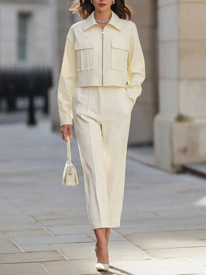 Zip-Up Cropped Utility Jacket & Wide-Leg Tailored Trousers Set