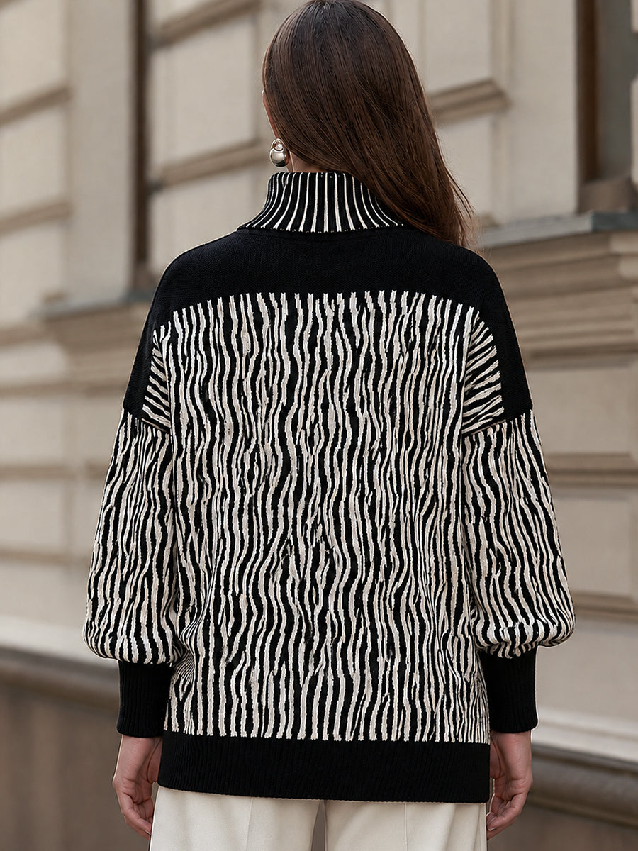 Abstract Stripe Mock Neck Knit Sweater