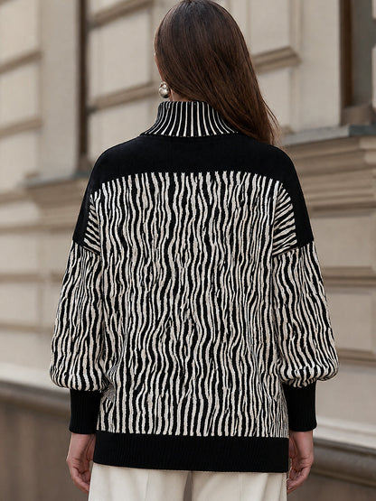 Abstract Stripe Mock Neck Knit Sweater