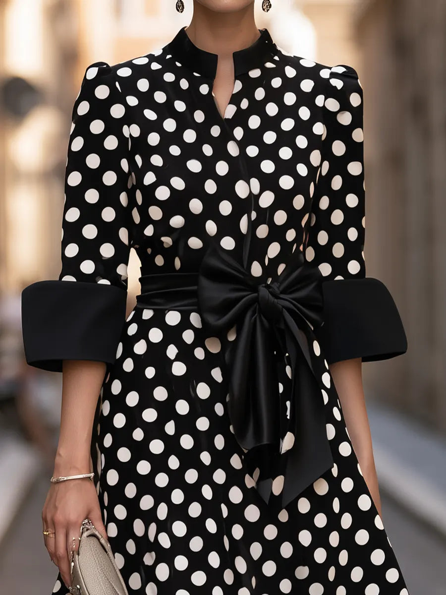 Polka-Dot Bow-Waist Midi Dress With Flounce Hem