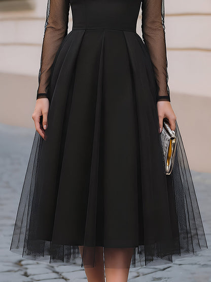 Halter Deep V Sheer Mesh Long Sleeve Tulle Overlay Fit & Flare Midi Dress