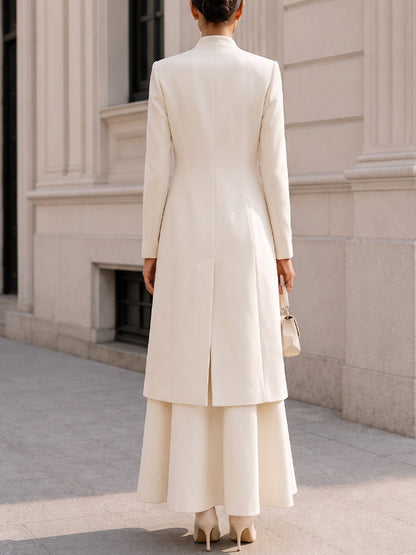 Stand‐Collar Long Open Coat & Flared Maxi‐Dress Two‐Piece Crepe Co‐Ord Set