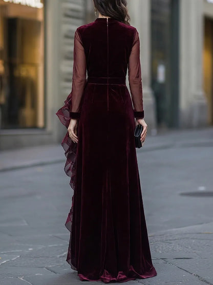 Sheer Sleeve Velvet Cascading Ruffle Evening Gown