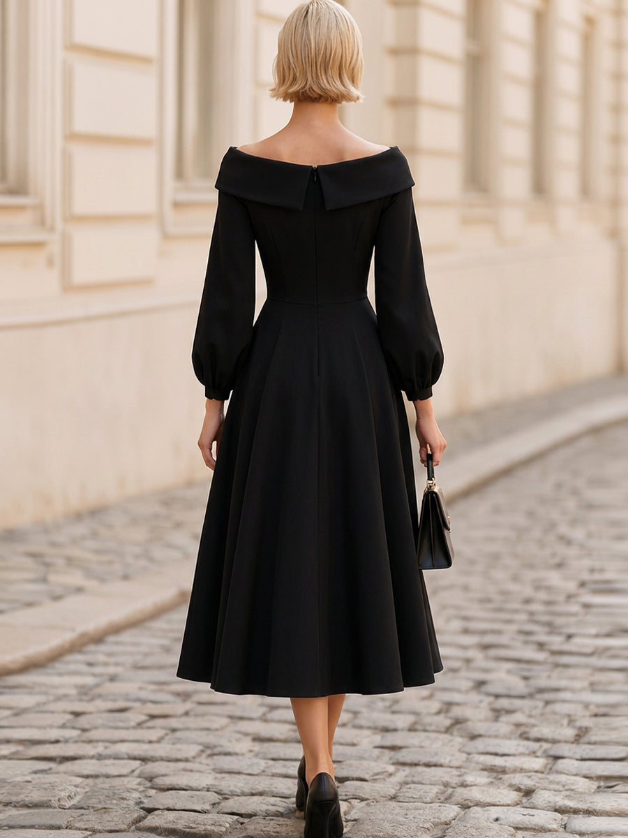 Off-The-Shoulder Balloon Long Sleeve Midi Flared Dress