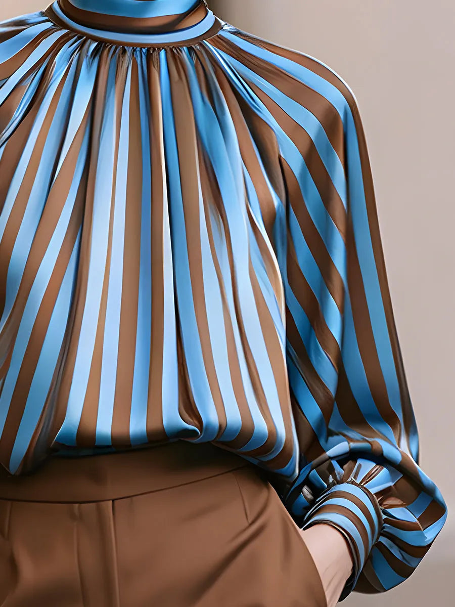 Striped High Neck Pleated Blouse with Balloon Sleeves