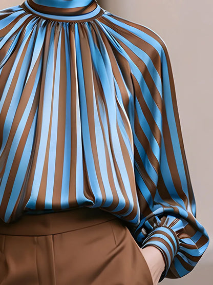 Striped High Neck Pleated Blouse with Balloon Sleeves