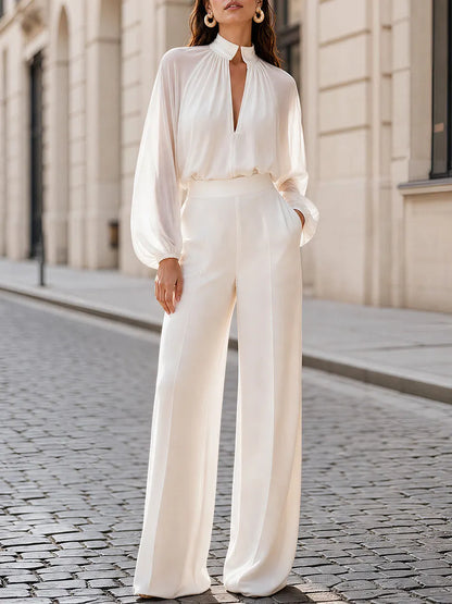 Stand Collar Keyhole Sheer  Sleeve Blouse & High Waist Wide Leg Pants Two-Piece Set