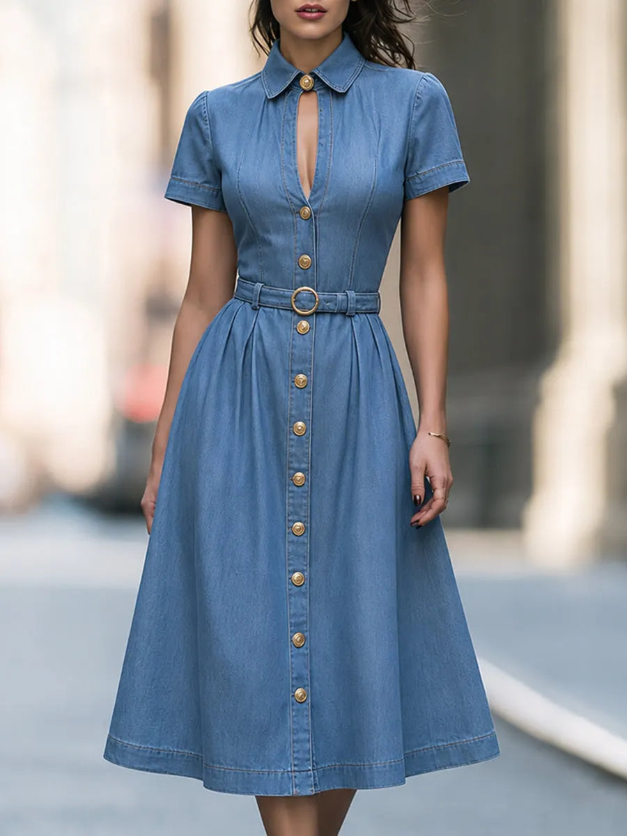 Belted Button-Front Shirt Midi Dress