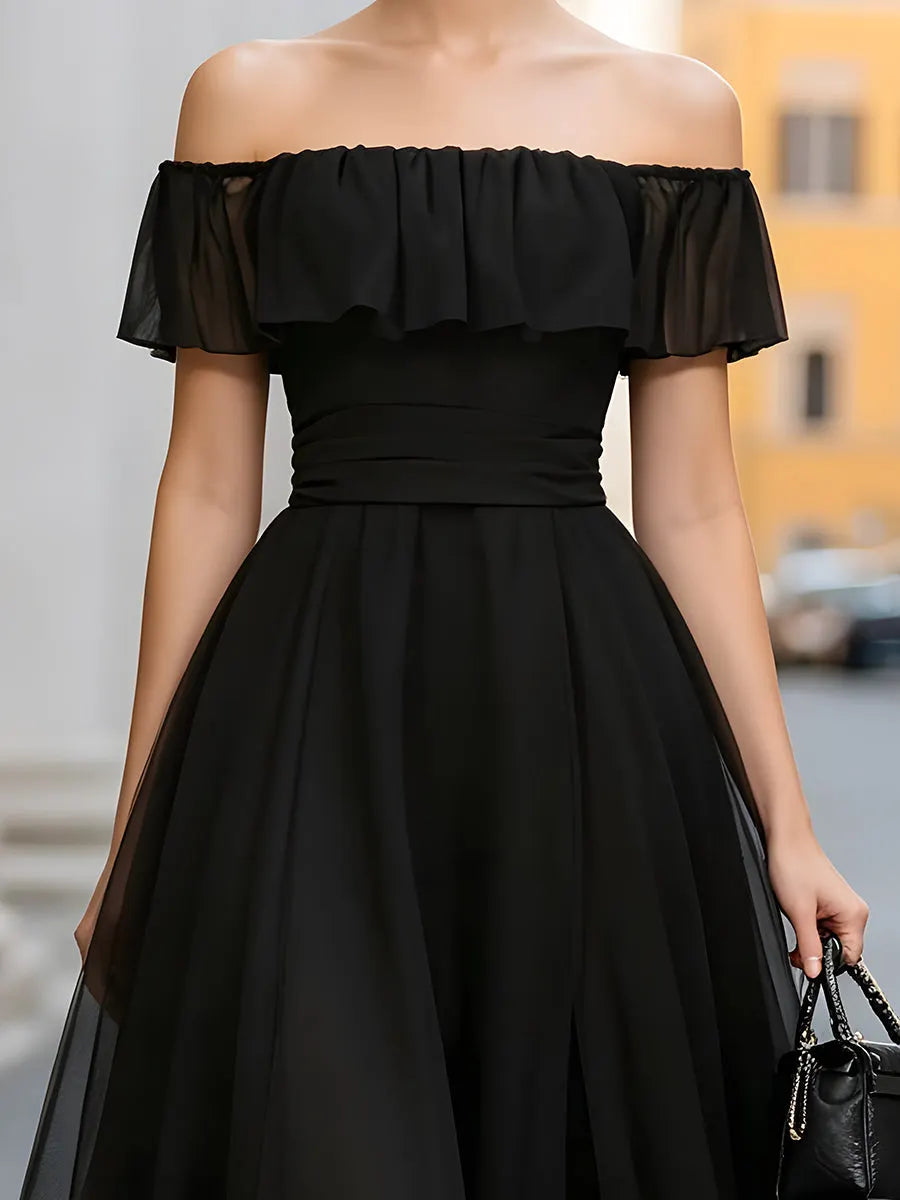 Off-Shoulder Ruffle Organza A-Line Midi Dress