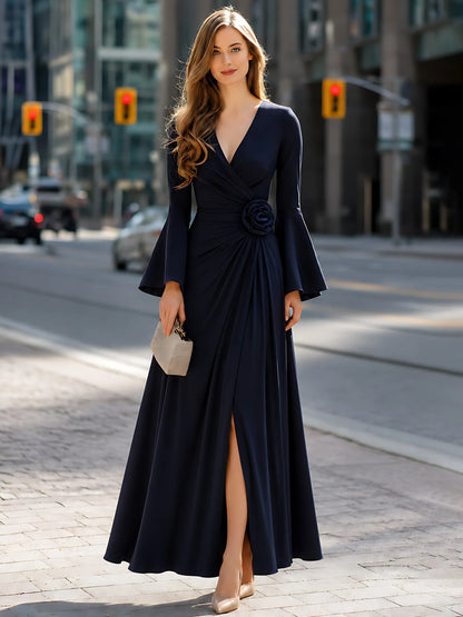 Floral Pleated Slit Bell-Sleeve Maxi Dress