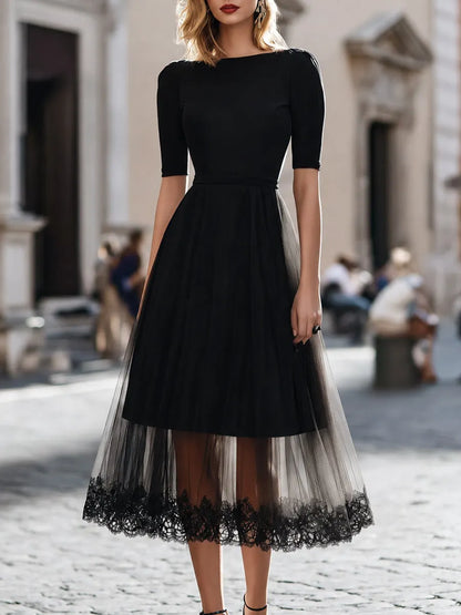 Lace-Trimmed Tulle Overlay A-Line Midi Dress