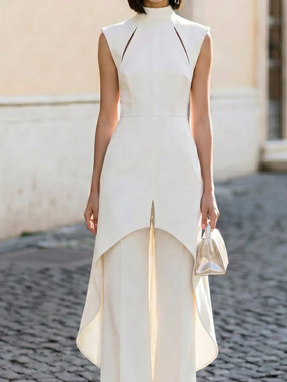 Sleeveless High-Neck Structured Jumpsuit With High-Low Overlay And Wide-Leg Trousers