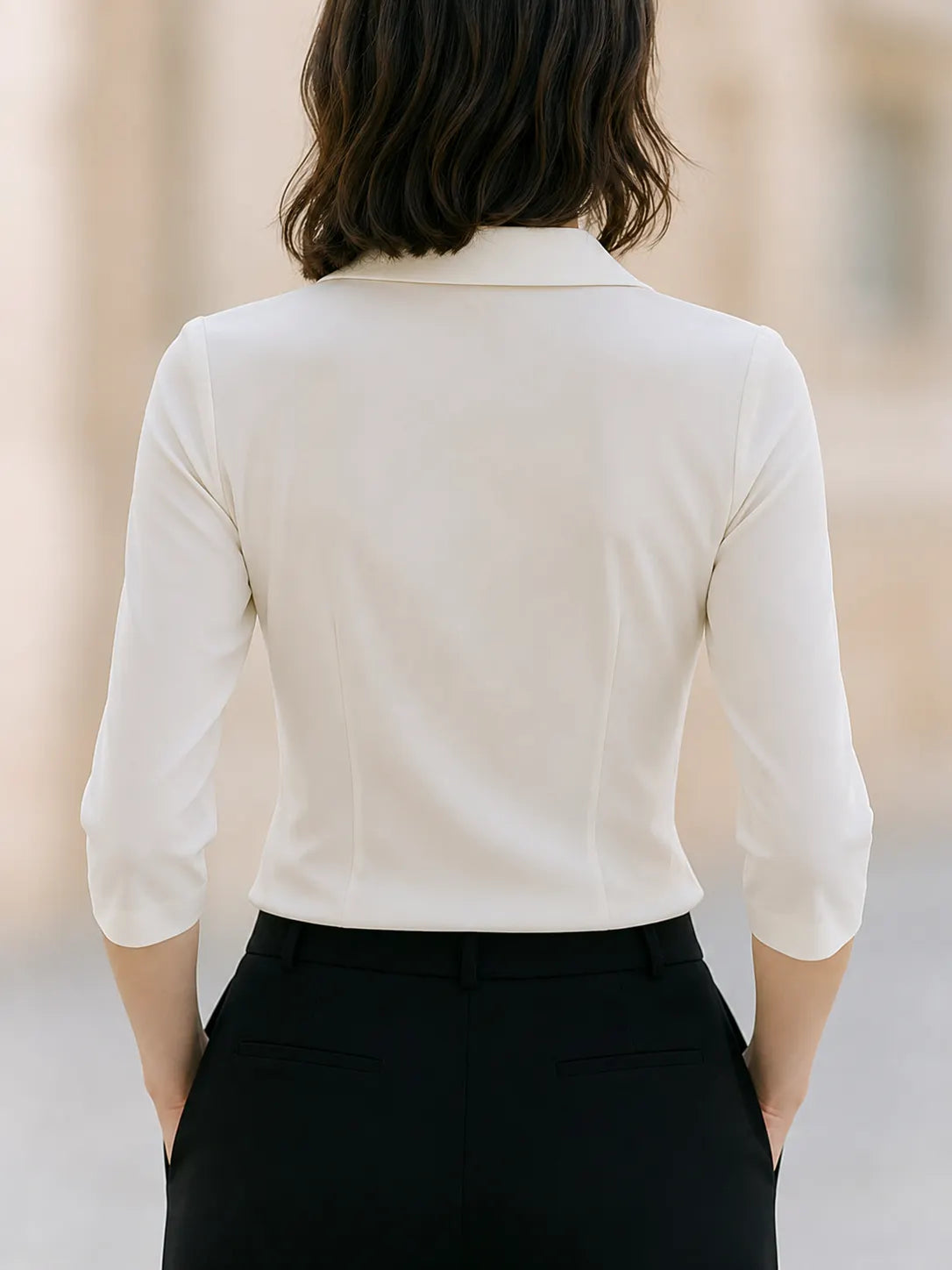 White Ruched Wrap Tailored Collar Front Blouse