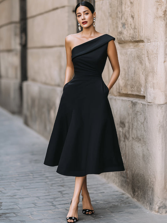 Élégante robe de cocktail trapèze à une épaule
