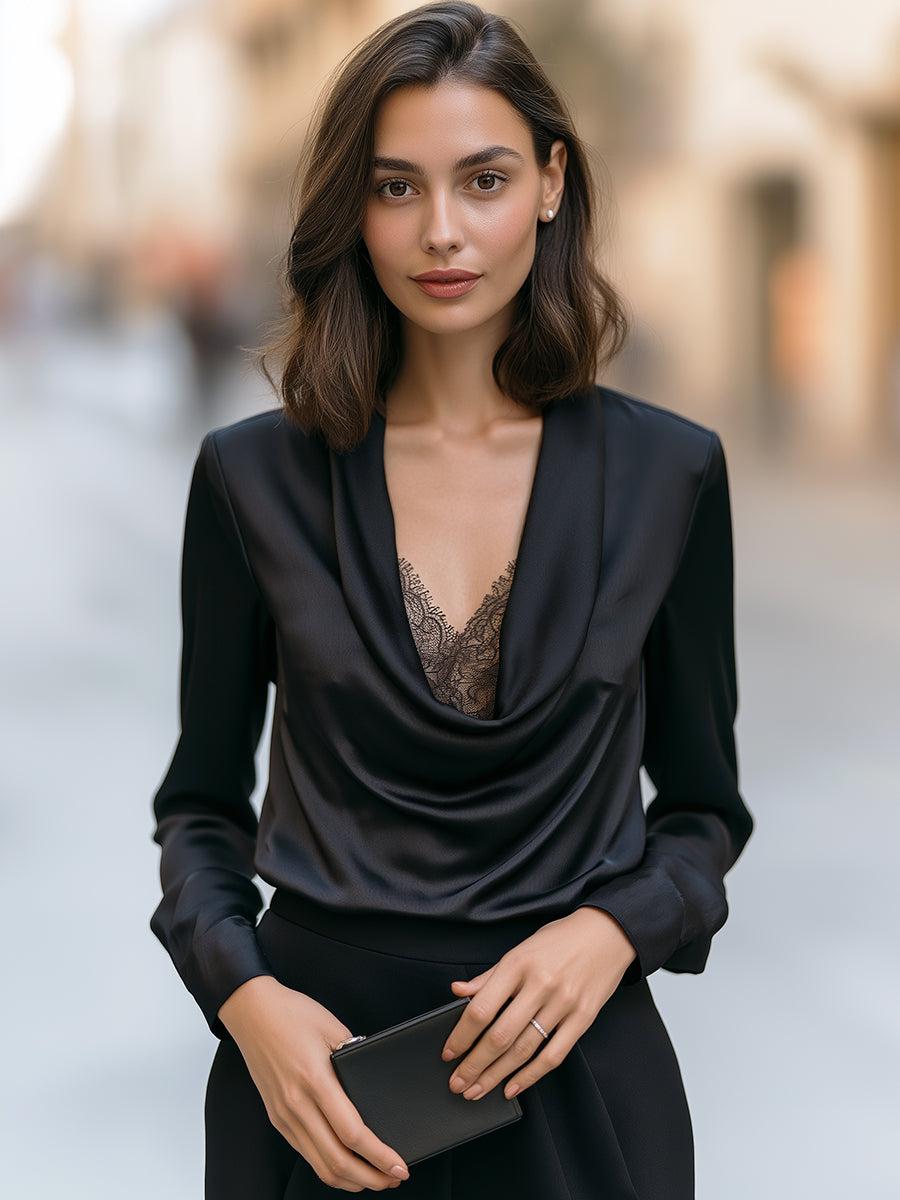 Satin Cowl Neck Lace Detail Blouse