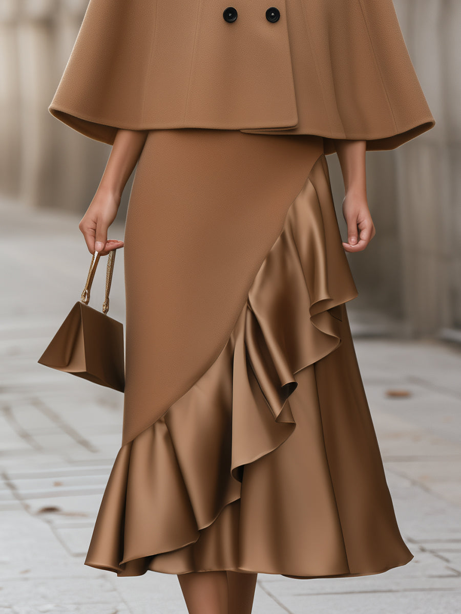 Stand Collar Cape Coat And Ruffle Skirt Set
