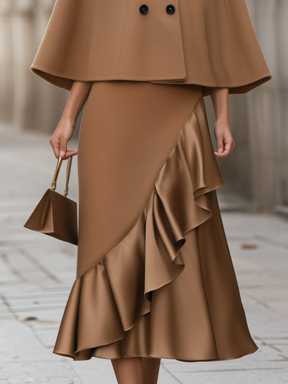 Stand Collar Cape Coat And Ruffle Skirt Set