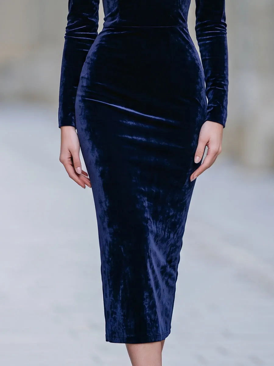 Boat-Neck Long-Sleeve Velvet Midi Dress