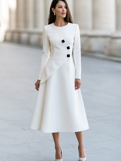 Asymmetric Button-Detail A-Line Midi Dress
