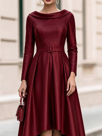 Fold Over Collar Long Sleeve Belted High Low Midi Swing Dress
