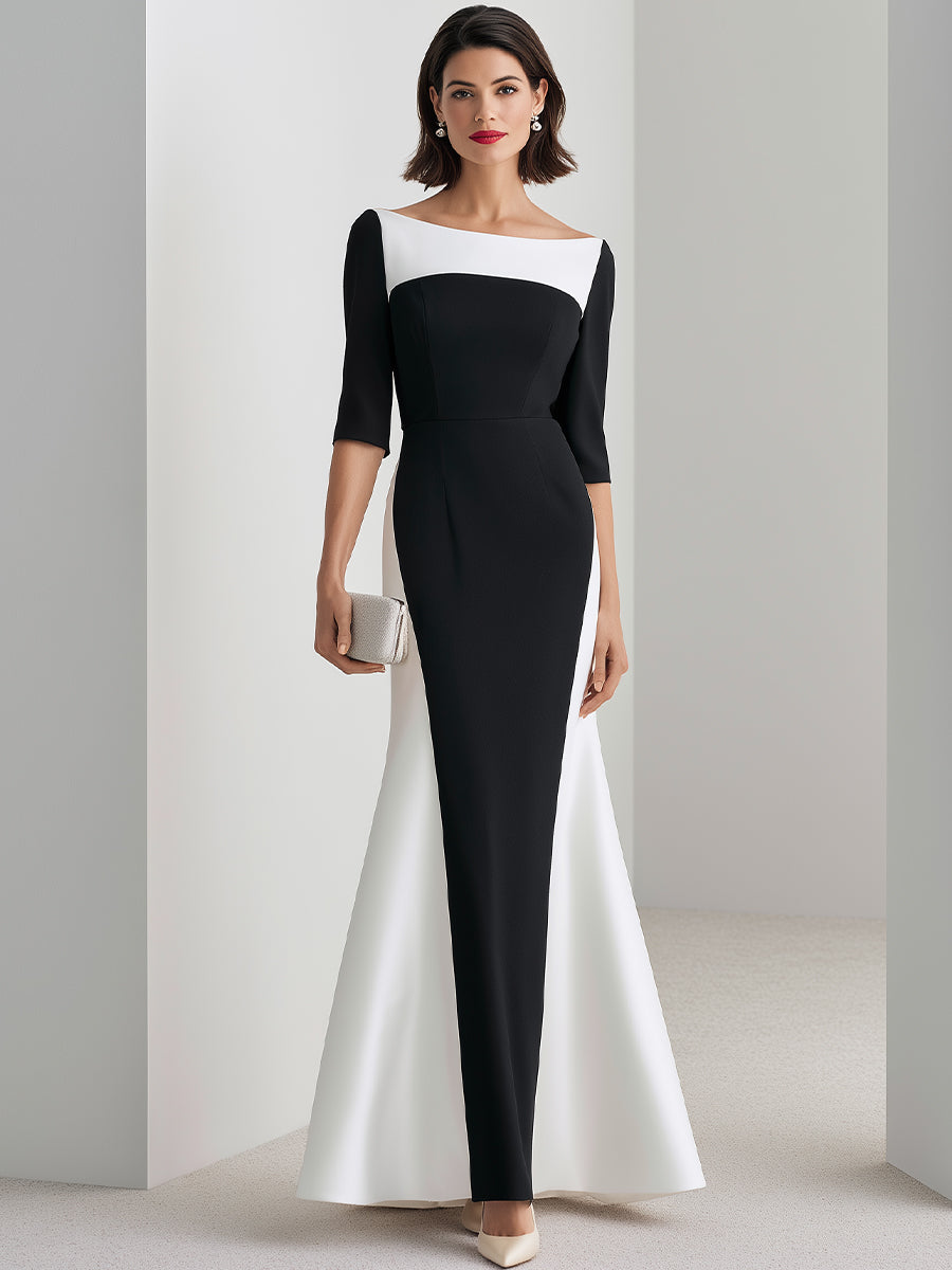 Colorblock Bateau Neck Mermaid Evening Gown