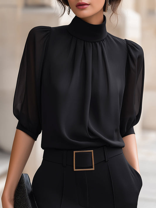Blusa Chiffon Manga Bufante Gola Alta