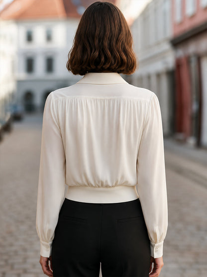 Draped Lapel-Collar Long-Sleeve Blouse