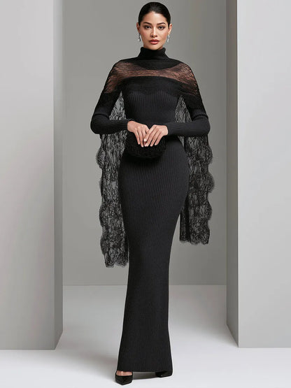 Lace Cape Ribbed Knit Maxi Dress