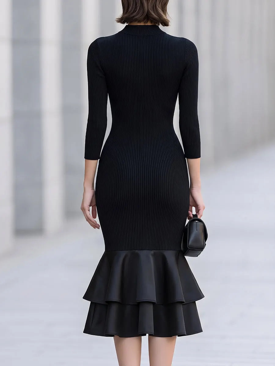 Ribbed Knit Tiered Ruffle Midi Dress