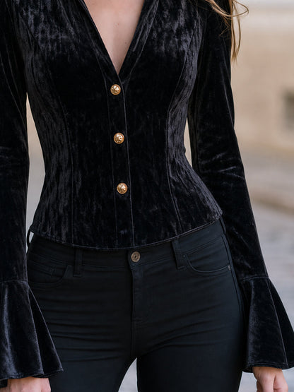 Velvet Collared Corset Flare Cuff Blouse