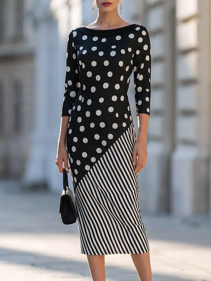 Mixed-Print Asymmetrical Midi Dress