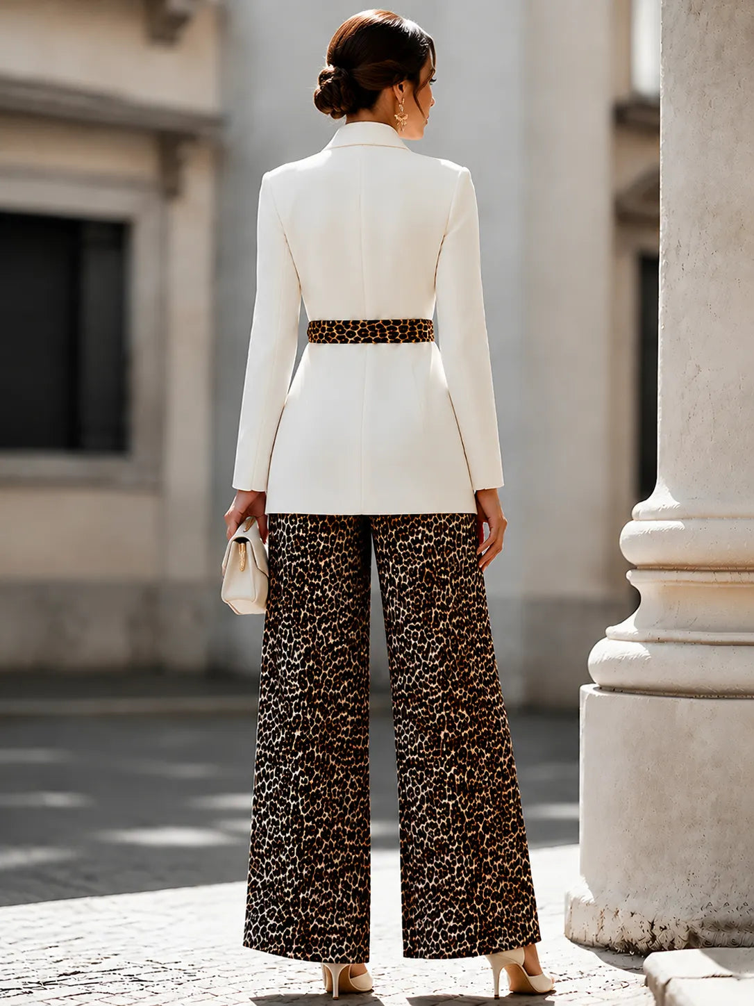 Elegant White Blazer Leopard Print Wide Leg Pants Set