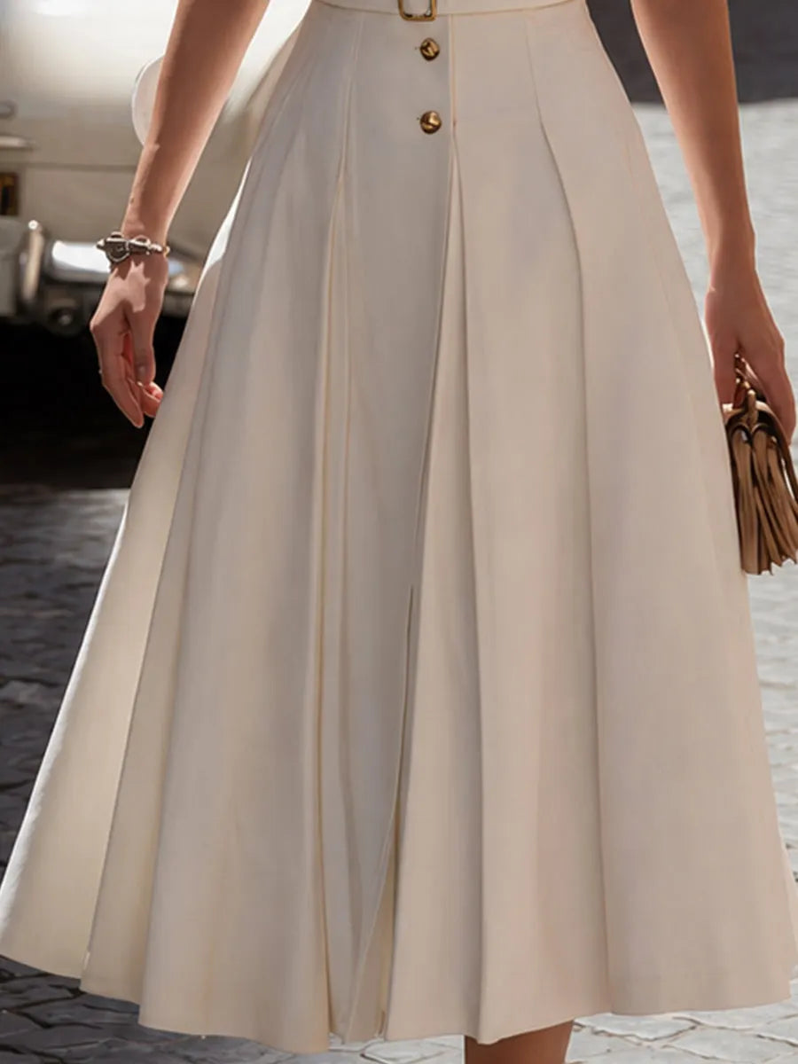Vintage-Inspired Crepe Midi Dress With Button Front & Belted Waist
