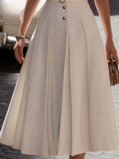 Vintage-Inspired Crepe Midi Dress With Button Front & Belted Waist
