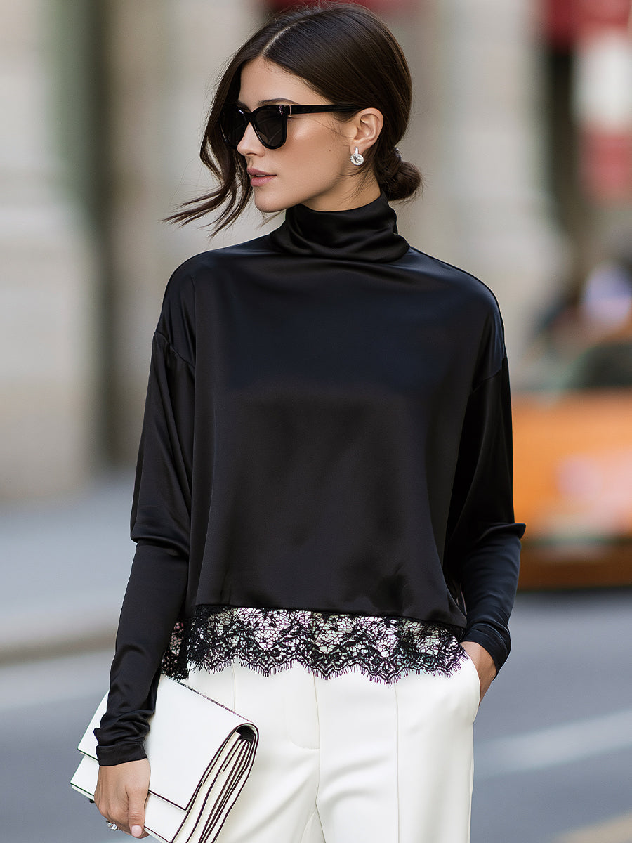 Lace-Trimmed Turtleneck Relaxed Blouse