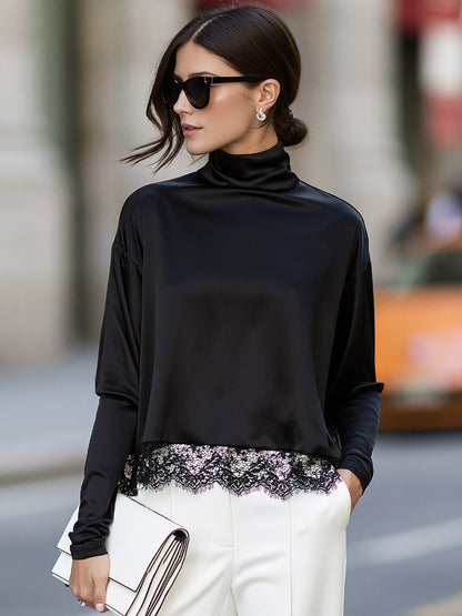 Lace-Trimmed Turtleneck Relaxed Blouse