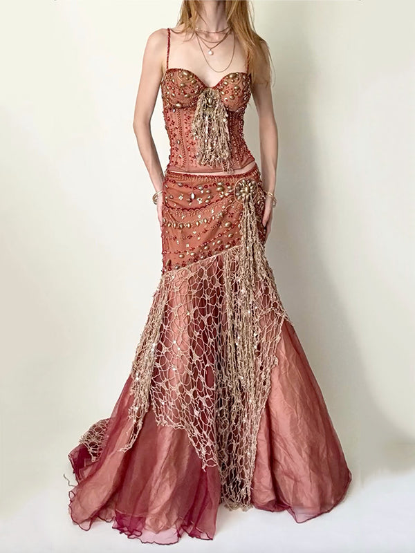 Sequinned Flower Sleeveless Spaghetti-Neck Vest & Mermaid Skirt Two-Pieces Sets Fairytale Dress