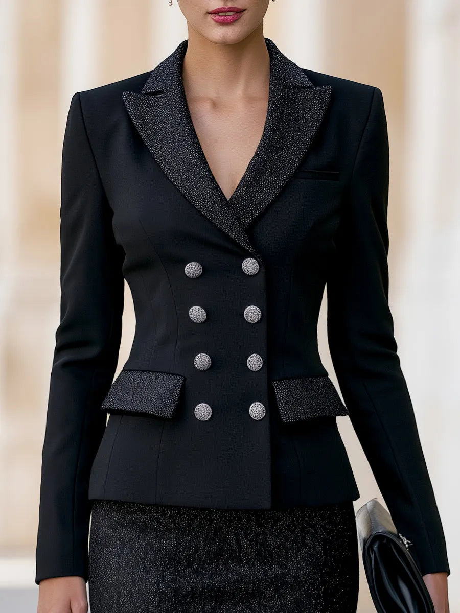 Double-Breasted Blazer Glitter Textured Pencil Skirt Set