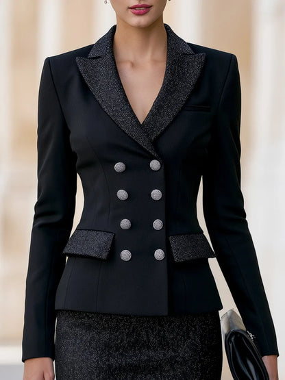 Double-Breasted Blazer Glitter Textured Pencil Skirt Set