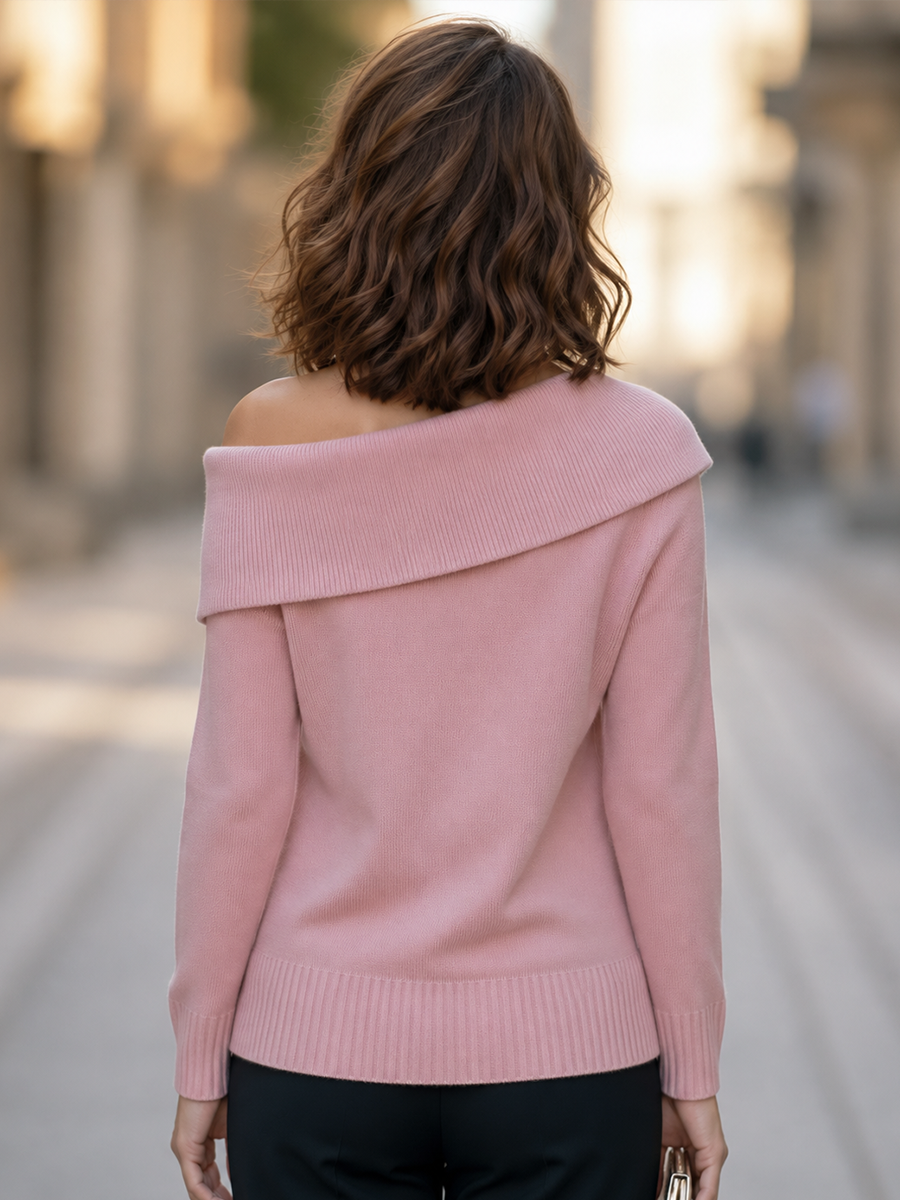 Off-Shoulder Foldover Neck Ribbed Knit Sweater