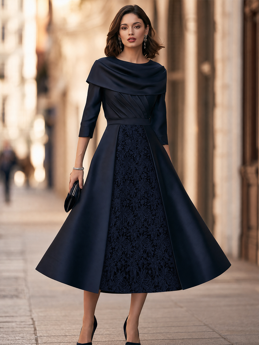 Draped Shawl-Collar Lace-Panel Midi Dress